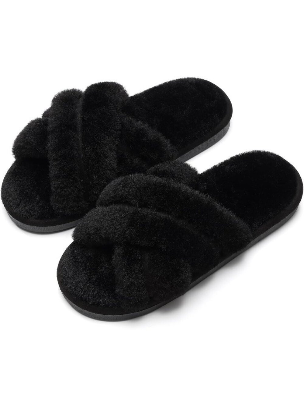 Women's Black Matte Fuzzy Cross Band Memory Foam House Open Toe Slipper Shoes